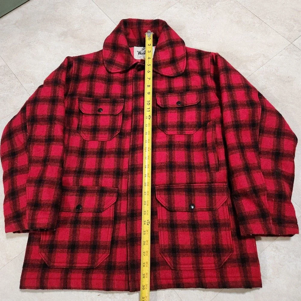 VTG Woolrich Mens 40 Red Buffalo Plaid Heavy Wool Mackinaw‎ Coat USA #523 Jacket